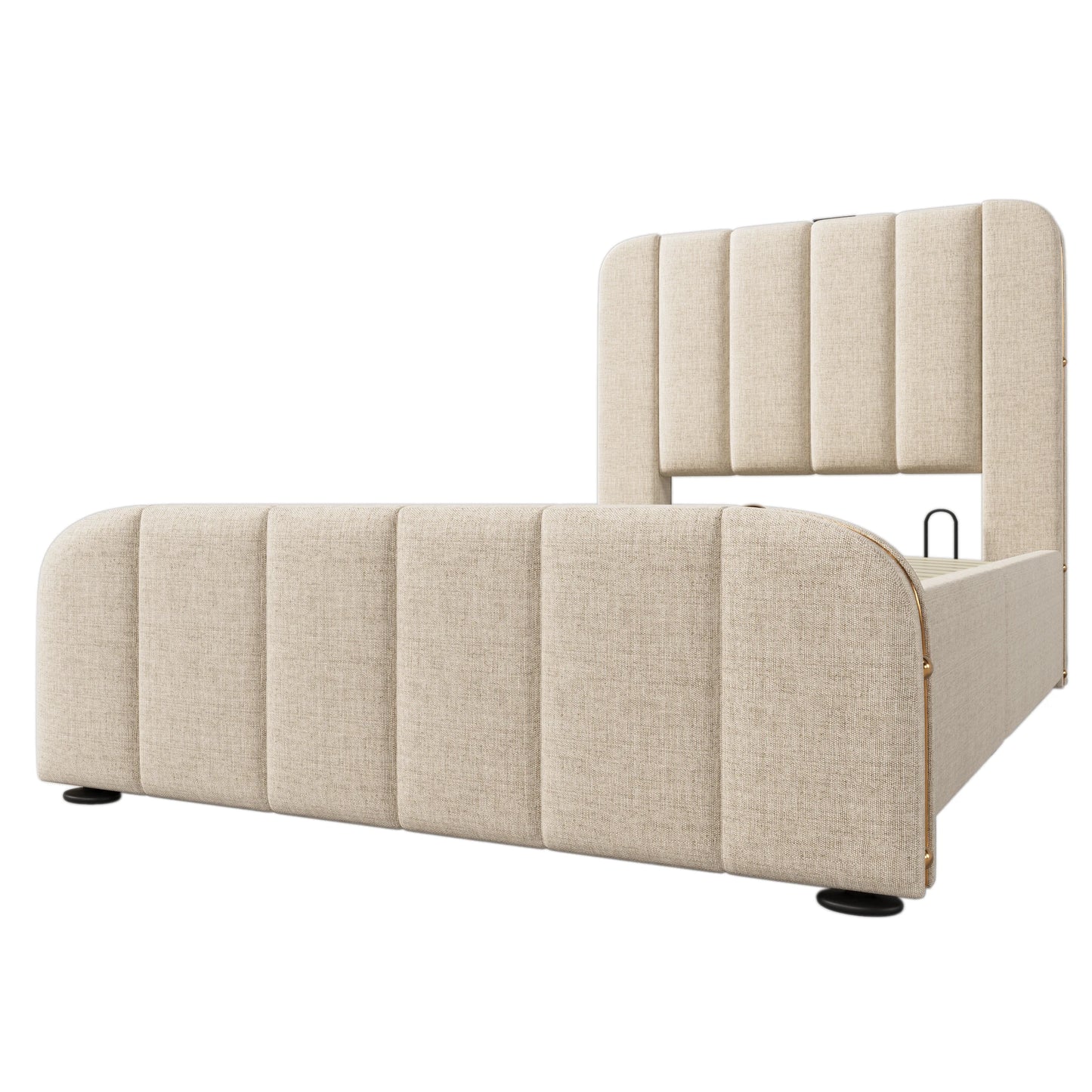 KOMHTOM Polsterbett Einzelbett 90x200 cm- mit goldenen Zierstreifen, USB Typ-C Ladefunktion, Leinen-Material, ohne Matratze