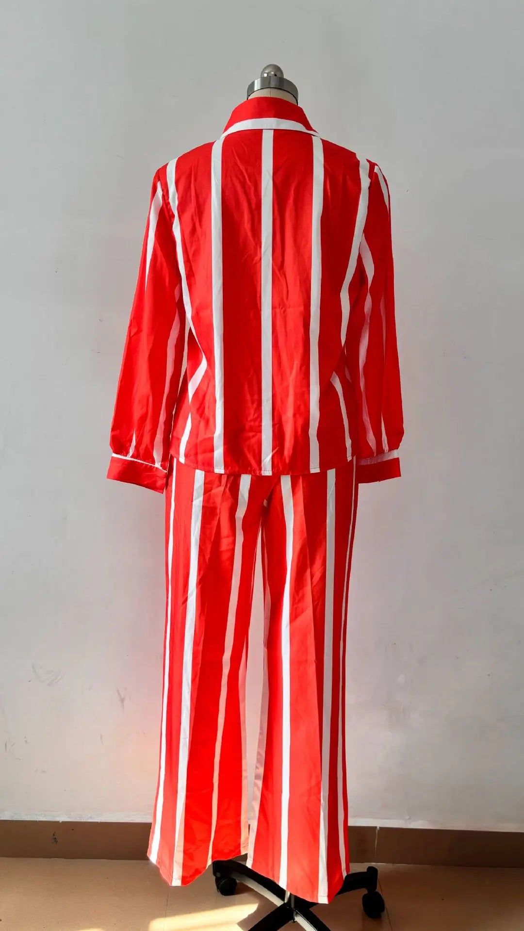 Fashion Striped Print Suit For Women Elegant Lapel Long Sleeved Shirt Elastic Waist Wide Leg Pants Two Piece Set 2024 Autumn New.