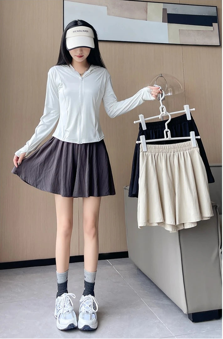 Women Quick Dry Sporty Short Pants Summer Thin Pleated Shorts Skirts High Waist A- Line Five Quarter Pants Cool Wide Leg Pants