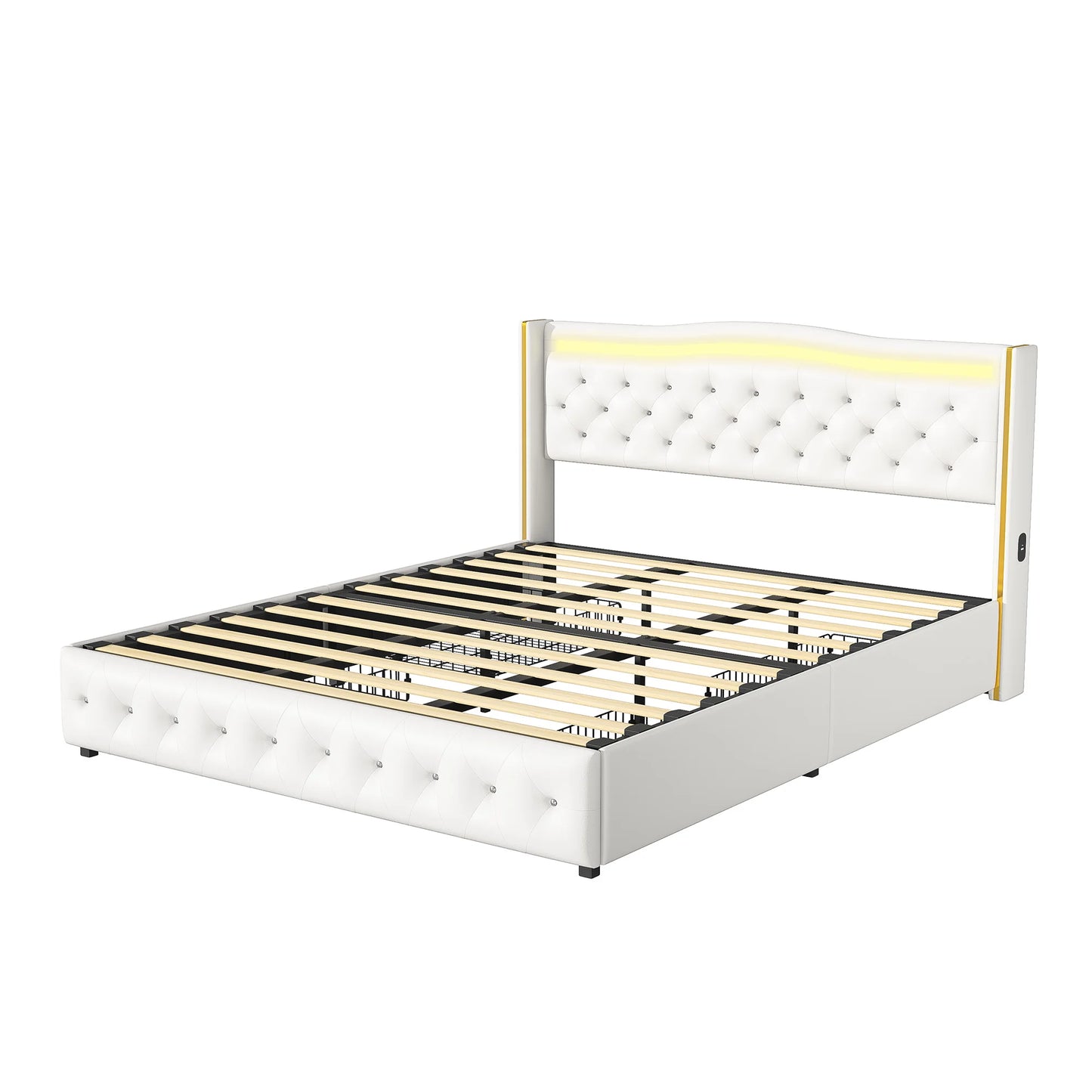 Rosahqnda Modernes Doppelbettgestell aus weißem PU-Leder, vergoldetes Kopfteil mit vier Schubladen ohne Matratze
