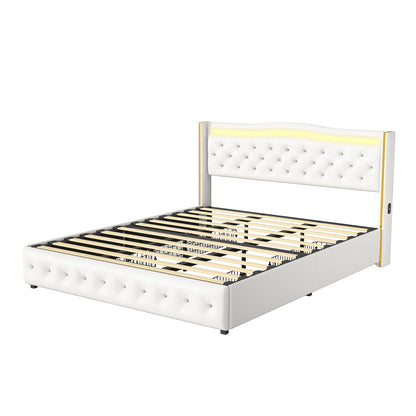 Rosahqnda Modernes Doppelbettgestell aus weißem PU-Leder, vergoldetes Kopfteil mit vier Schubladen ohne Matratze