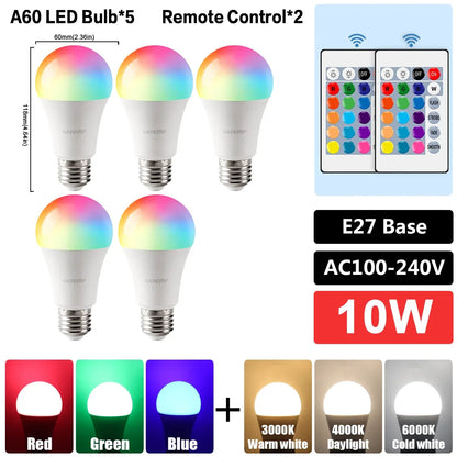 E27 RGB LED Bulb Base 24 Key Remote Control Dimmable 10W RED Blue AC220V 110V Colorful Change for Bedroom Living Room Desk Lamp.