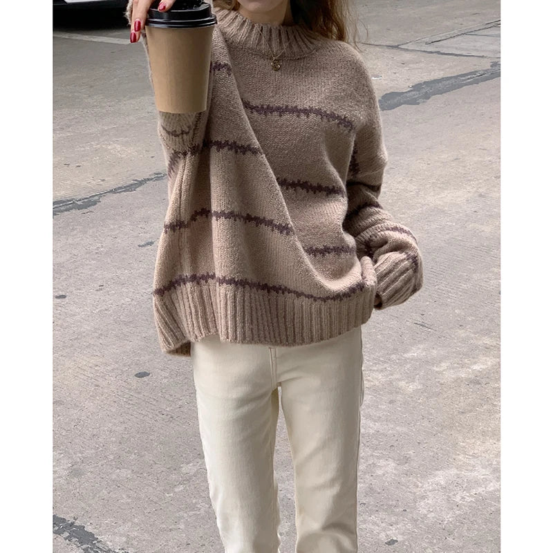 Herbst Winter Gestreiften Pullover Pullover Frauen Gestrickte Shirts Lange Hülse Lose Mock Neck Outwear Casual Pullover Tops Strickwaren.