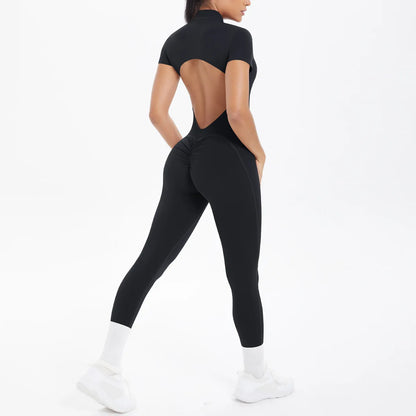 New Women's Yoga Jumpsuit Front Zipper Tight Back Hollow Out Short Sleeve-pants Activewear for Fitness Running Gym Workout