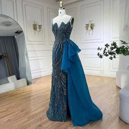 SERENE HILL Maßgeschneiderte 2025, türkisfarbene Spaghettiträger, luxuriöse Perlen-Abendkleider, Meerjungfrau, Schlitz, Überrock, Party, GLA 72378