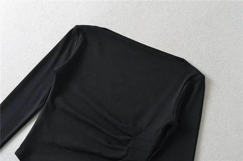 Slim Fit Long Sleeve T-Shirt Women's Shoulder Bared One-Shoulder Design Crease Asymmetrical Pure Desirable Spicy Girl Style