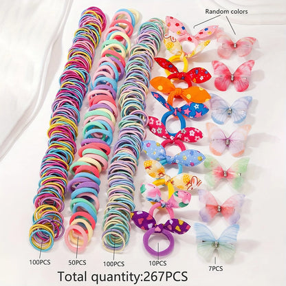 There are 267 sets of butterfly clip sets for girls, cute rabbit ear headbands, hair ties, and colorful flower hair clips..