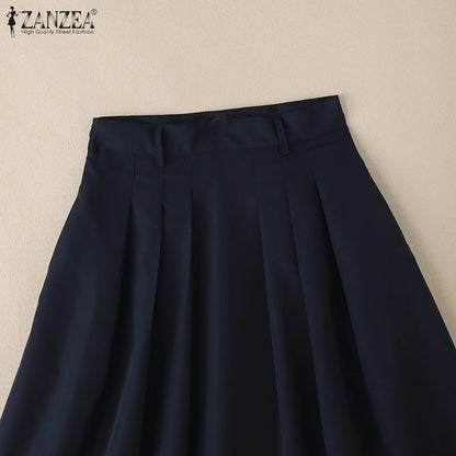 ZANZEA Summer Solid Midi Skirt Elegant Women High Waist Work OL Skirts Fashion A-line Jupes Stylish Party Faldas Saia  Plus Size.
