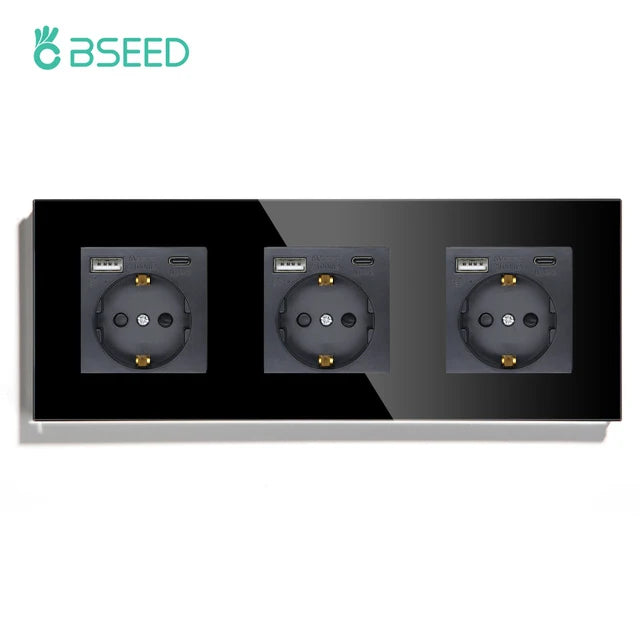 BSEED Einzel-EU-Glassteckdose mit USB-Wandsteckdosen, doppelte Steckdosen, dreifache Steckdosen, USB-Typ-C-Anschlüsse, Schwarz, 16 A.