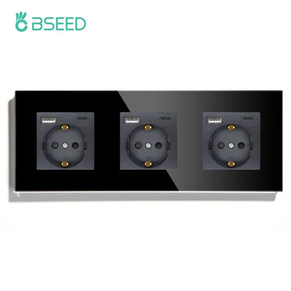 BSEED Einzel-EU-Glassteckdose mit USB-Wandsteckdosen, doppelte Steckdosen, dreifache Steckdosen, USB-Typ-C-Anschlüsse, Schwarz, 16 A.