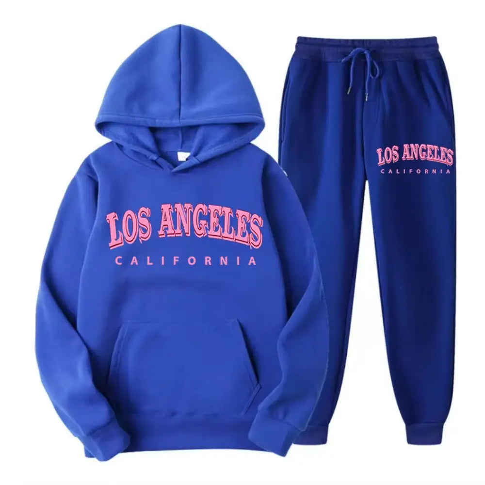 Two Piece Set Street Womens Hoodie & Pants Fleece Pocket Loose Pullover Los Angeles California Print Clothes Fashion Sportswear