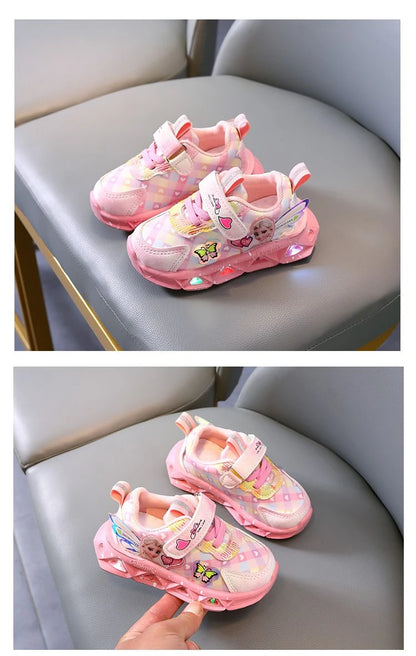 Disney LED Casual Sneakers For Spring Girls Frozen Elsa Princess Print Pu Leather Shoes Children Lighted Non-slip Pink Purple.