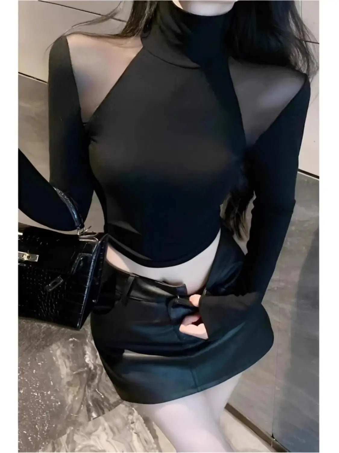 Sexy Pure Half Turtle Neck Small Mesh Splicing Slim Fit and Velvet T-shirt Base Shirt for Women in Autumn and Winter New Top.