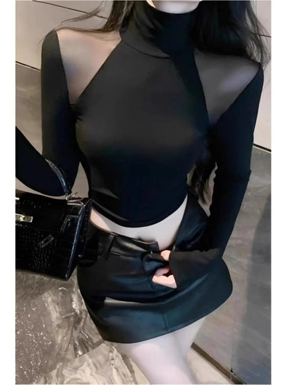 Sexy Pure Half Turtle Neck Small Mesh Splicing Slim Fit and Velvet T-shirt Base Shirt for Women in Autumn and Winter New Top.