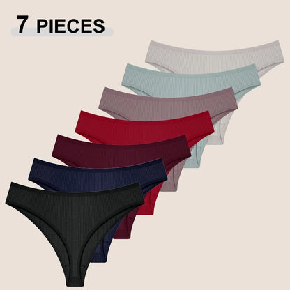 New 7Pcs/Set Seamless Cotton Fabric Thongs For Women Sexy Solid Color Stripe Underwear Female Comfortable Breathable Underpants.