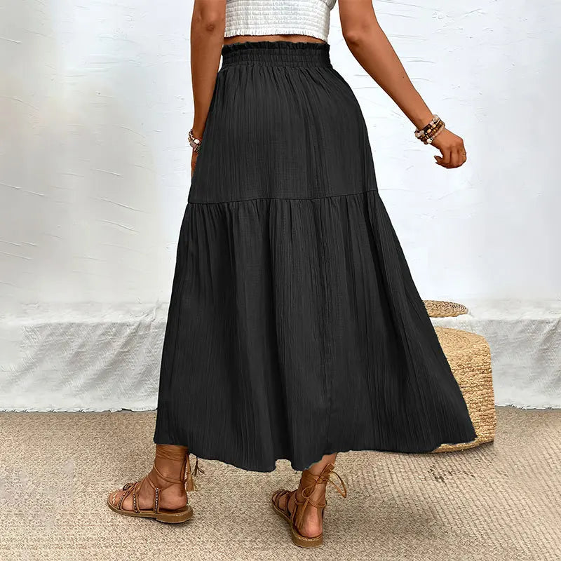 Fairyshely Casual Green Split Long Skirt Women 2025 Summer Ruffle High Waist Midi Skirt Lady Elegant Solid A line Pleated Skirt.