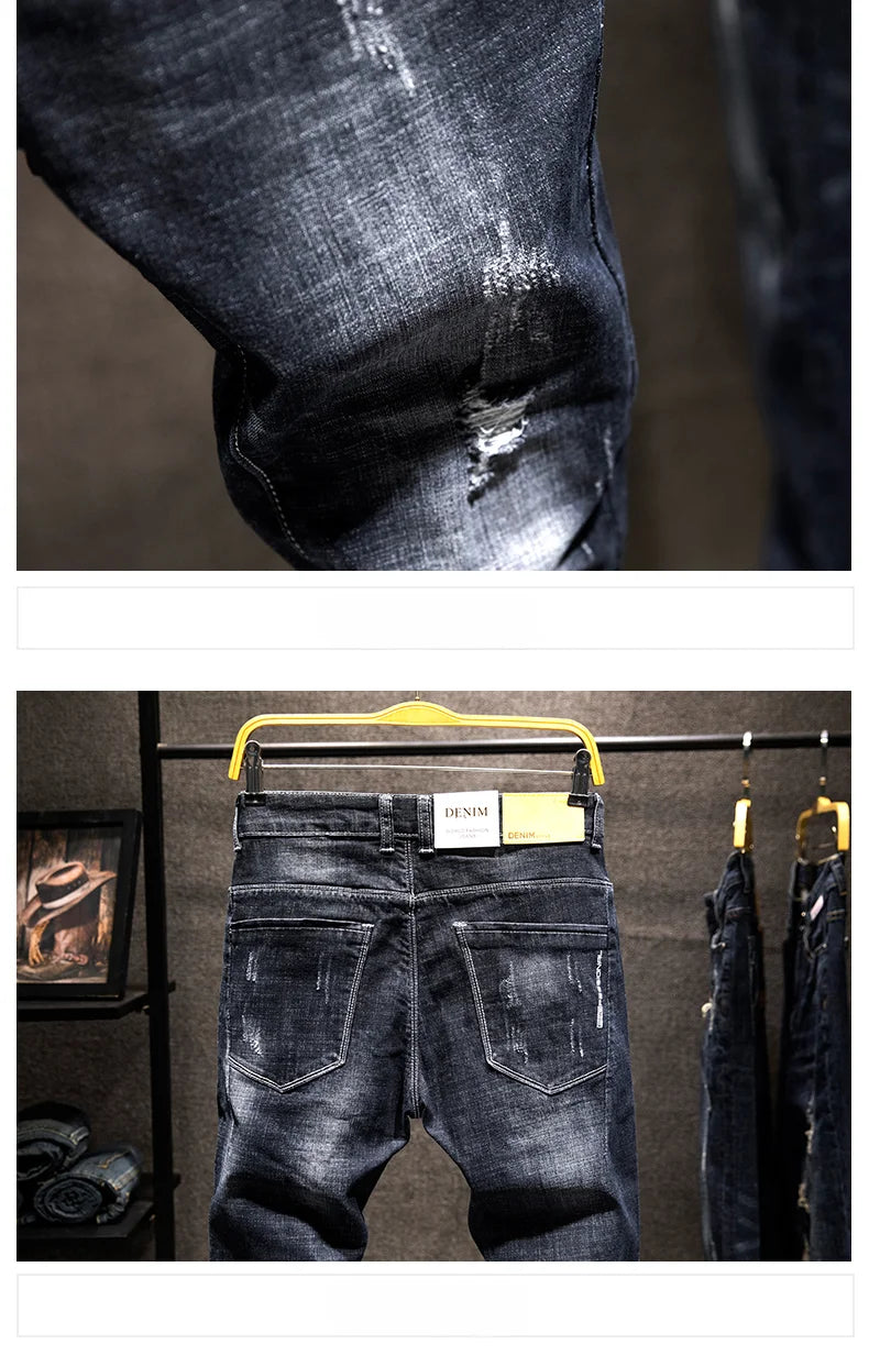 New Men's Fashion Ripped Jeans Stretch Slim Straight Little Feet Pants Hip Hop Youth Streetwear Punk Personality Male Trousers.