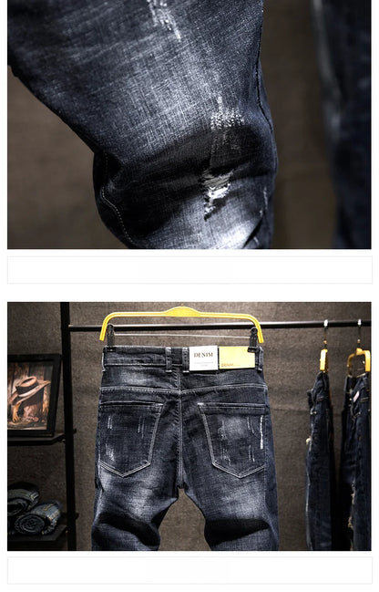 New Men's Fashion Ripped Jeans Stretch Slim Straight Little Feet Pants Hip Hop Youth Streetwear Punk Personality Male Trousers.