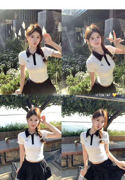 Women's Slim Fit Short Sleeve Polo Shirt Summer New Color Collision Design Red T-Shirt Top Fashionable Casual Business Wear.