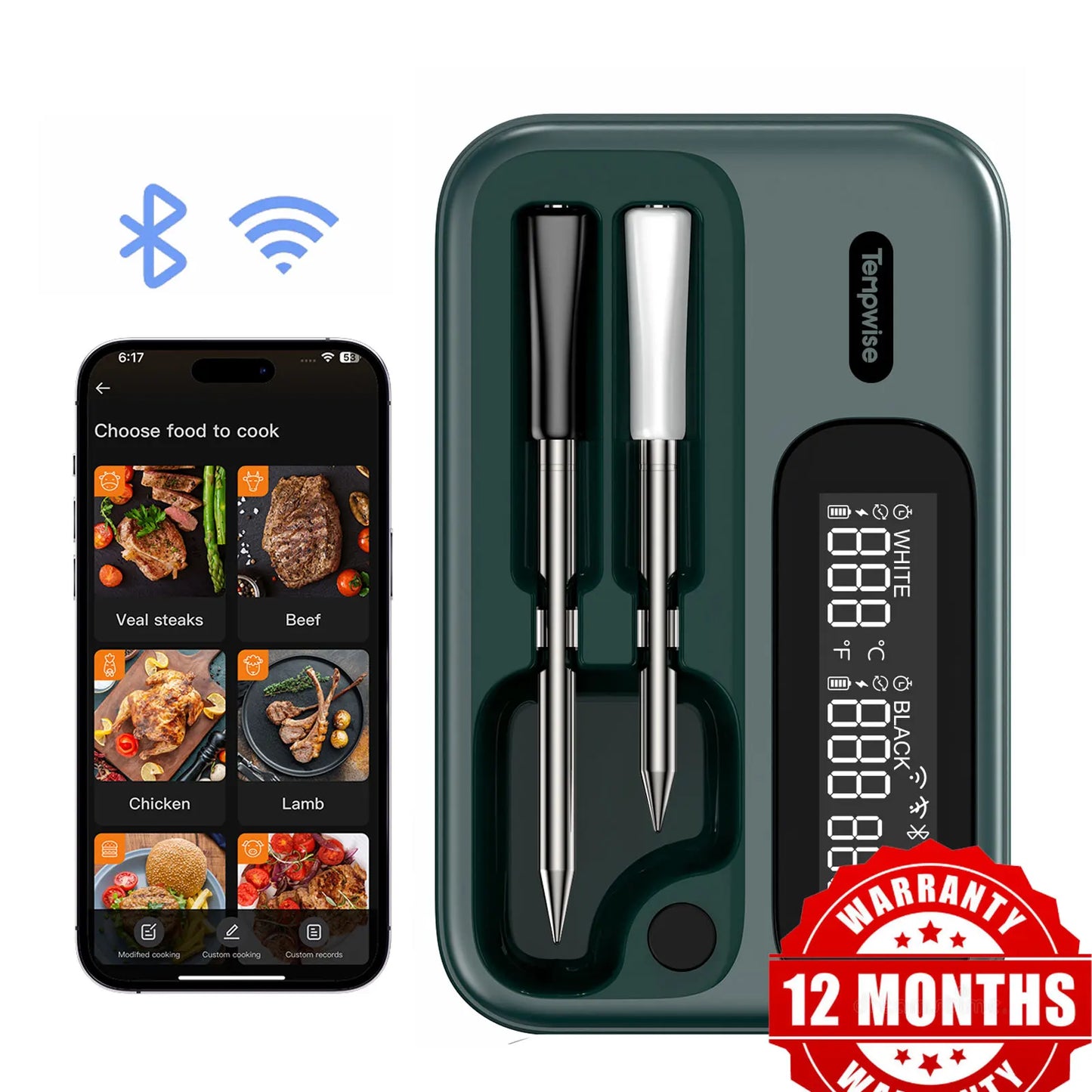 Smart Beef Meat Thermometer Wireless Bluetooth BBQ Thermometer with Long&Short Probes Precision Food Temp Gauge for Cooking.