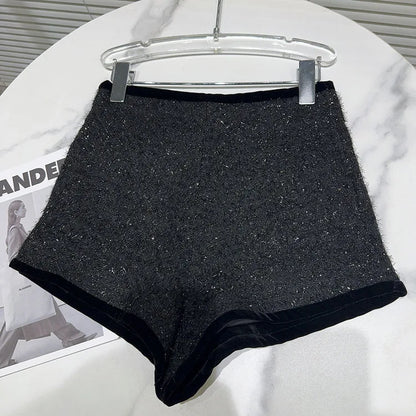 Trendy Women's Solid Color Bright Silk Woolen Shorts 2024 Autumn Fashion New Items High Waist Short Pants Female