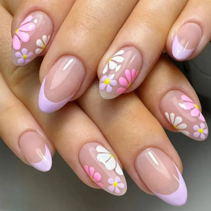 24pcs/box Glossy Short Square Fake Nails Colorful French Tip Press On Nails Flower Pattern Spring Summer False Nails For Women