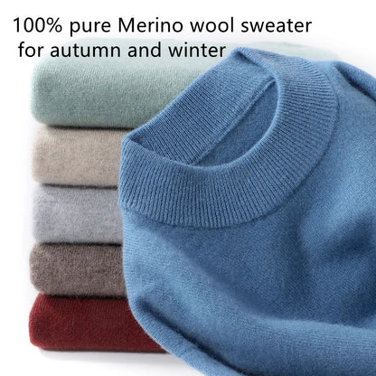 100% Pure Merino Wool Men's Semi High Neck Pullover Solid Color Plus Size Casual Sweater Autumn And Winter Sports Cashmere Top.