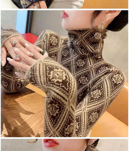 Frauen Kleidung Mode Rollkragen Argyle Stricken Pullover Herbst Winter Elegante Chic Schlanke Langarm Pullover Büro Dame Y2K Top.