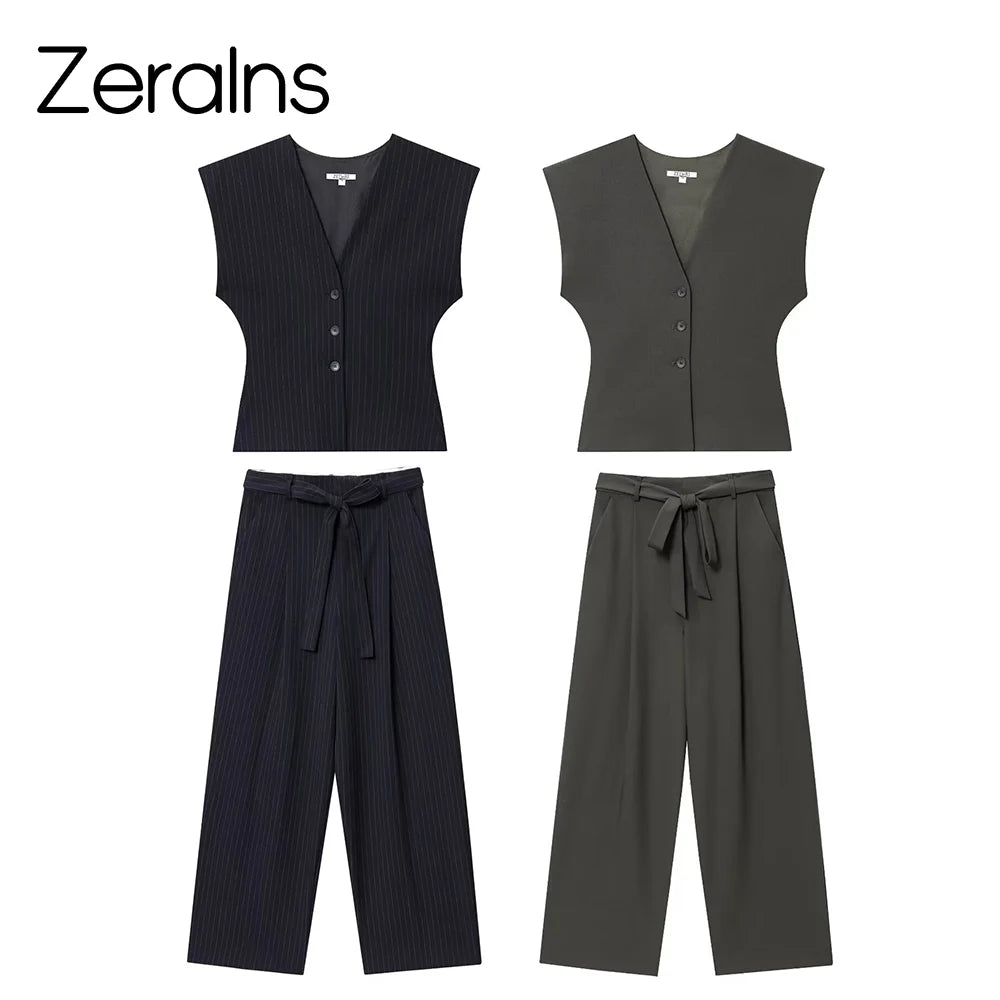 ZERAINS Autumn women's sleeveless V-neck short vest loose fit with waistband pleated high waisted pants set.