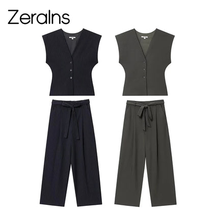 ZERAINS Autumn women's sleeveless V-neck short vest loose fit with waistband pleated high waisted pants set.