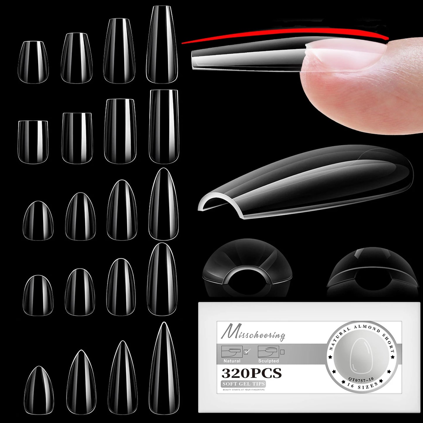 16 Sizes Curved Arch Full Cover False Nail Tips Soft Gel Press on French Almond Capsules Coffin Artificial Fake Nails Extension.
