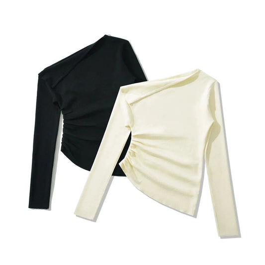 American Style One Shoulder Long Sleeve Women's T-shirt Autumn Pure Desire High-grade Slimming Personality Oblique Shoulder Base.