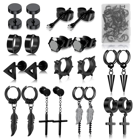 1 /11 Pairs Punk Stainless Steel Stud Earrings Black Earrings Set For Men Women Vintage Hip Hop Piercing Ear Jewelry Accessories.