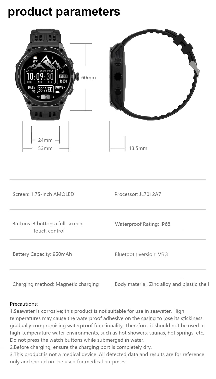 2025New GPS Sports Smart Watch  AMOLED Flashlight 950Mah Battery IP68 Waterproof Fitness Trackr BT Call Smartwatch For Men Women
