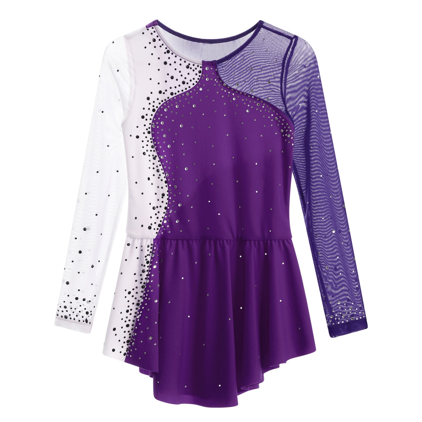 6-16Y Mädchen Eiskunstlauf Tanz Kleid Ballett Gymnastik Trikot Langarm Shiny Strass Sheer Mesh Leistung Dancewear