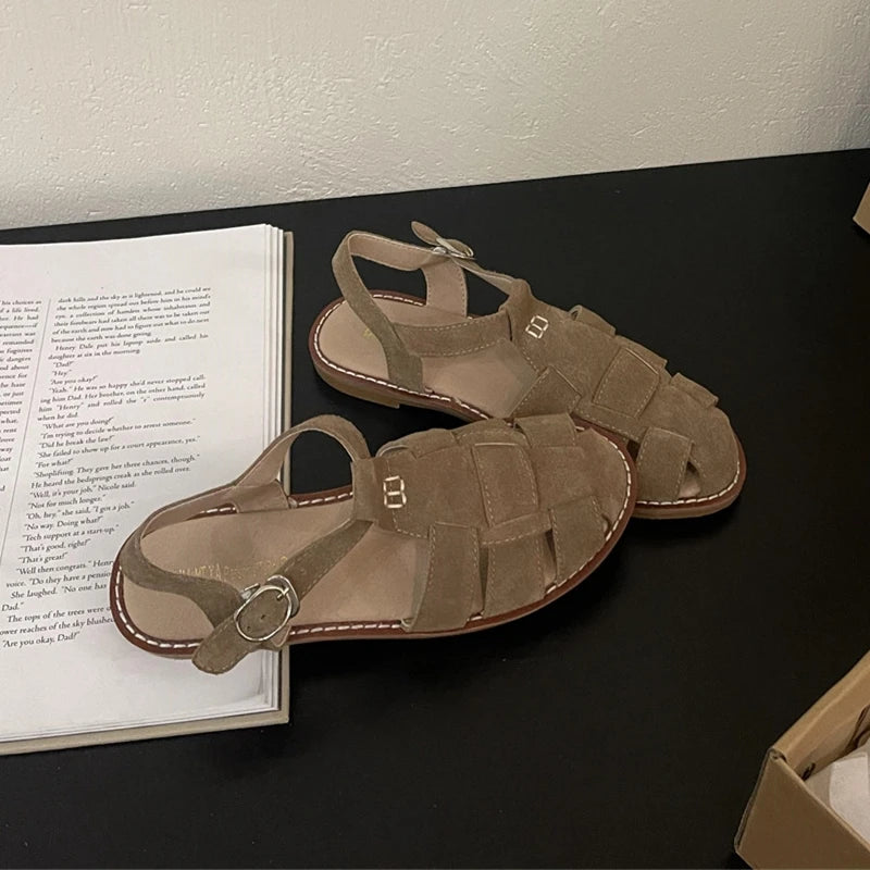 DIMANYU Women's Roman Sandals 2023 Summer New Flat Retro Real Leather Ladies Sandals Hollowed Women's Cage Shoes.