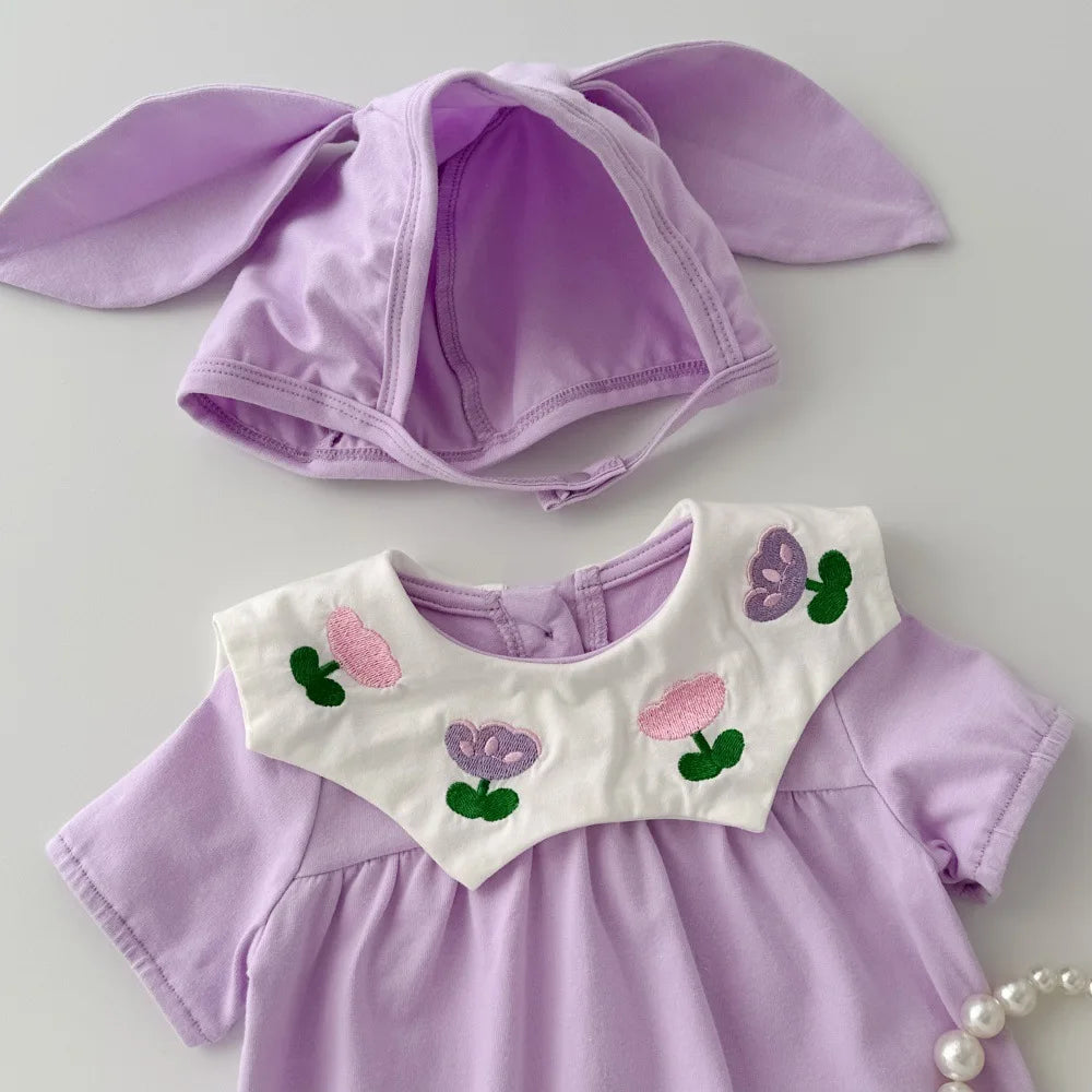 0-2Y Sommer Baby Mädchen Kleidung Kleinkind Mädchen Body & Einteilige Tulpe Stickerei Kleidung Mit Hut.
