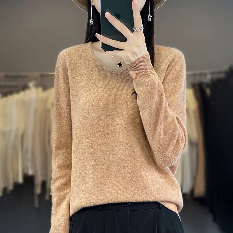 Women 100% Merino Wool Sweater V-Neck Basic Pullover Autumn Winter Cashmere Clothing Long Sleeve Soft Knitwear Tops Solid Color