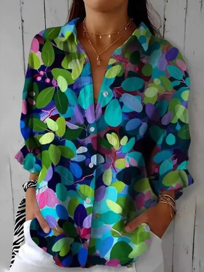 Women's Shirt Floral Casual Long Sleeve Shirt Collar Tops Work Daily Button Print Green Spring Summer.