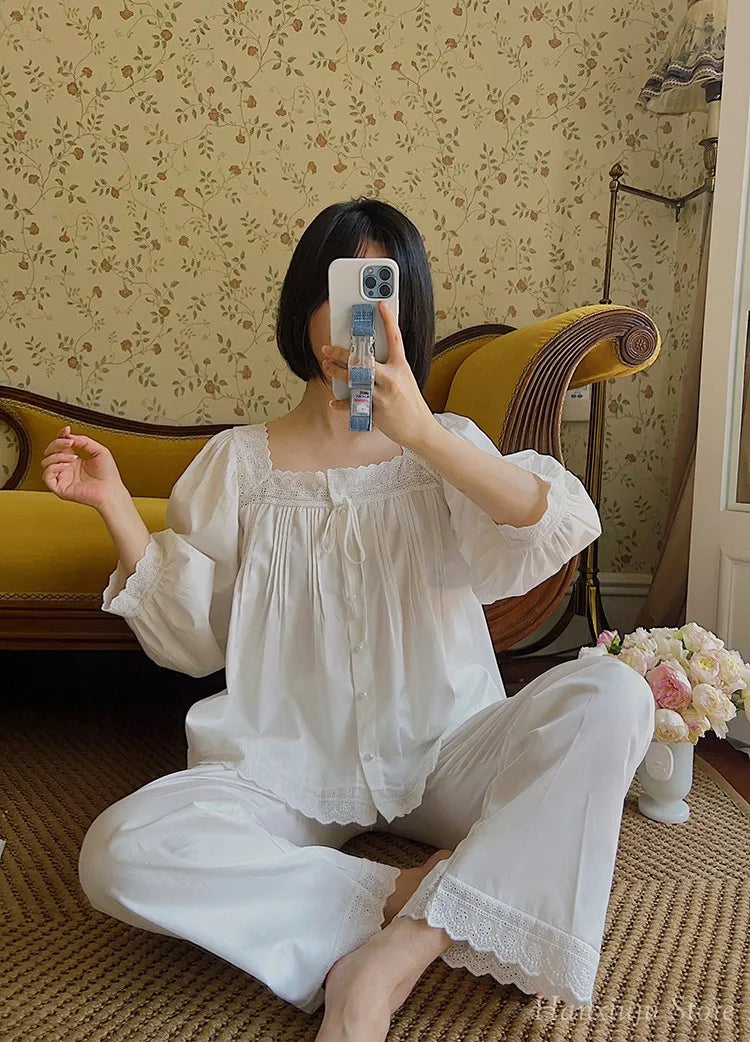 Sweet Spring Autumn Pure Cotton Women's Long Sleeve Pajama Set Loose Female Sleepwear Suits Royal Pyjama Home Wear Plus Size.