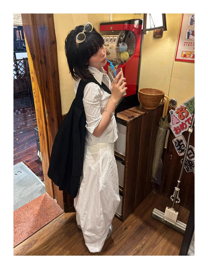 Genayooa Korean Style Casual Shirt Women Three Quarter Striped Shirts 2000s Japanese Y2k Vintage Tops Slim Retro Shirts Summer.