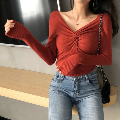 Herbst Winter Dünne Gestrickte Hemd Frauen Pullover Pullover Tops Weibliche Lange Hülse Elastische V-ausschnitt Dünne Pullover Stricken Shirts.