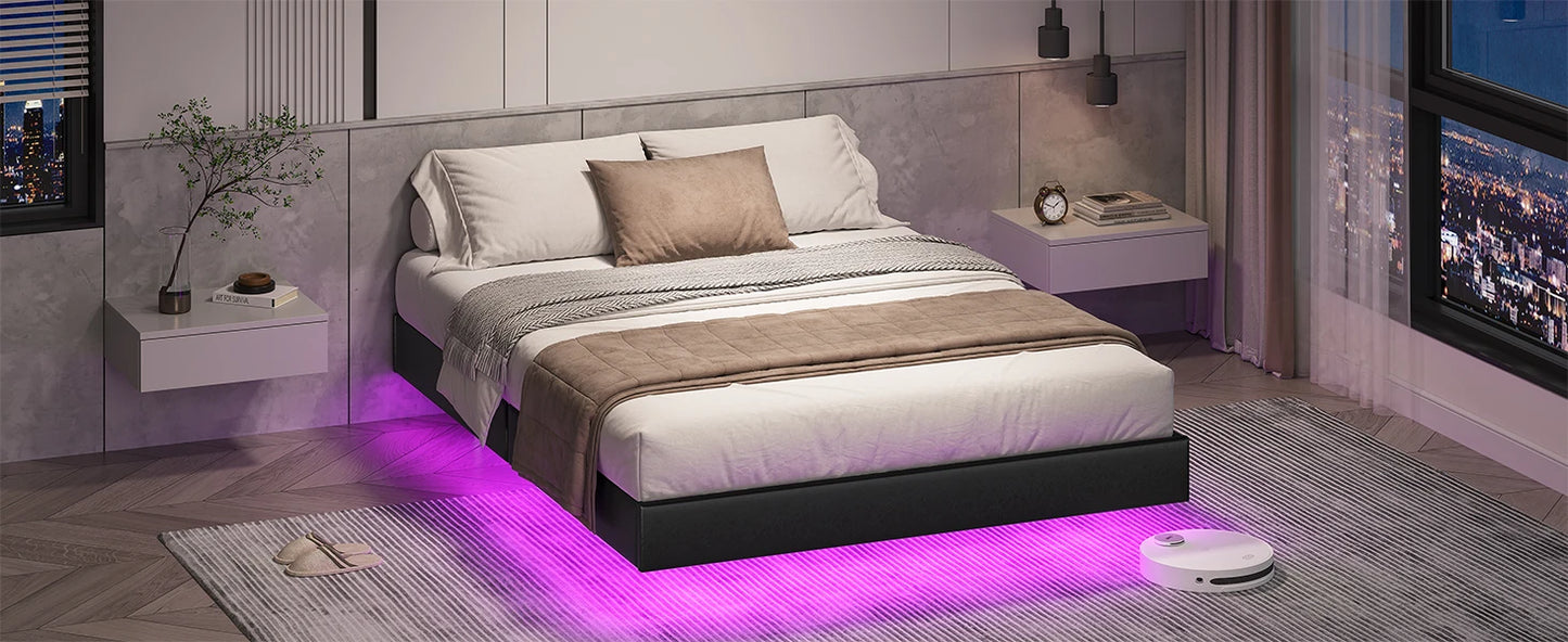 Bett 140x200 mit verstellbarer Beleuchtung, Bettgestell 140x200 mit weicher Polsterung, schwebender Bettrahmen, gepolsterte Jugendbe