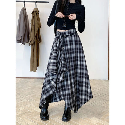MEXZT Vintage Plaid Woolen Midi Skirt Women Y2K Harajuku Belt Asymmetrical Skirts Winter Gyaru Grunge Korean Design Faldas New.