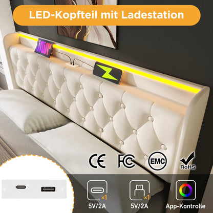 KOMHTOM Hydraulisches Lagerbett Weiß PU - 360-Surround-LED-Funktion, mit USB Typ-C Ladefunktion, ohne Matratze