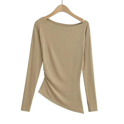 Long Sleeve One Shoulder T-Shirt Zhang Lu Si Spicy Girl Pleated Slimming Versatile Top Cotton Made in China Full Sleeve.