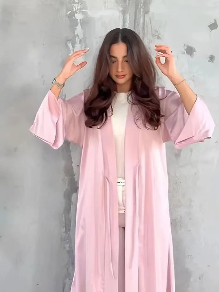 Girl Muslim Palestine Kaftan Dress Open Satin Kimono Pink Abaya Women Dubai Clothing Kebaya Robe Caftan Marocain Femme Musulmane.