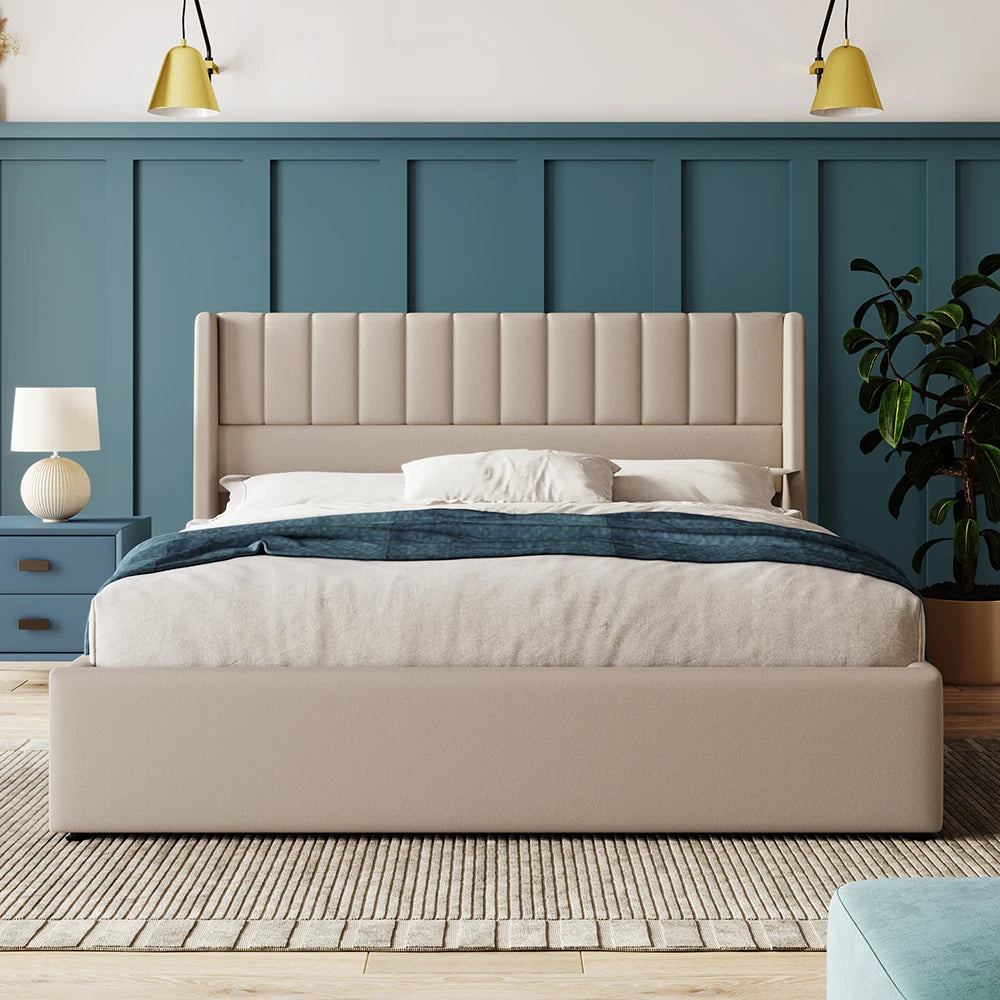 KOMHTOM Hydraulisches Doppelbett 180x200cm mit Polster, Lattenrost aus Holz, Metallrahmen, Leinen, Beige