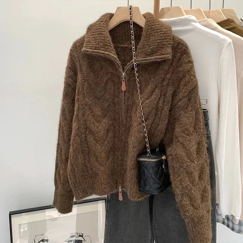Women Autumn Winter New Lazy Style Loose Knitted Cardigan Retro Solid Color Double Zipper Turn-down Collar Sweater New Women Top.