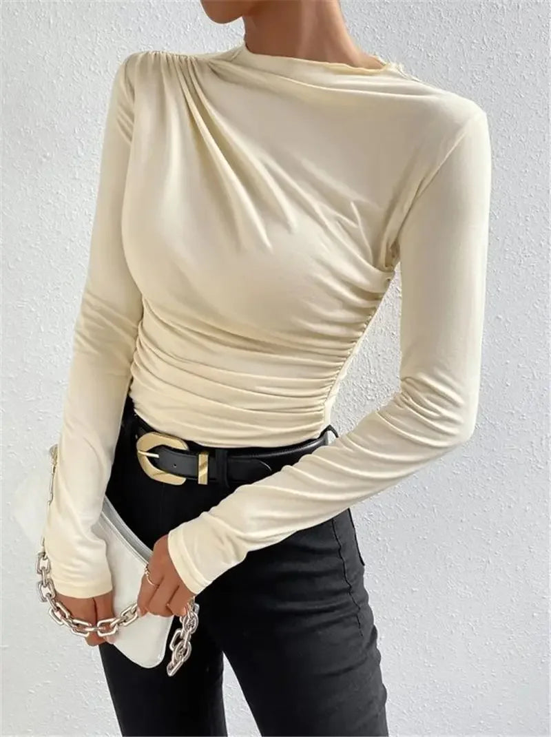 Slim Fit Long Sleeve Women's T-shirt Pure Color Design Pleated Detail Base Shirt Ladies Top Quality Material Comfortable Wear.